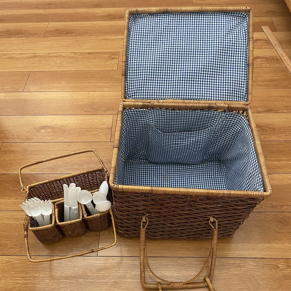 Vintage Wicker Rattan Picnic Basket with Lid, Double Handled w/ Utensil Holder